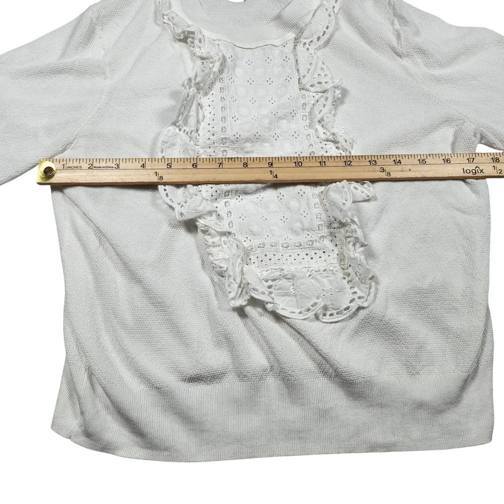 J. Crew White Cotton Sweater Medium Eyelet Ruffle Trim Long Sleeve Top $120‎